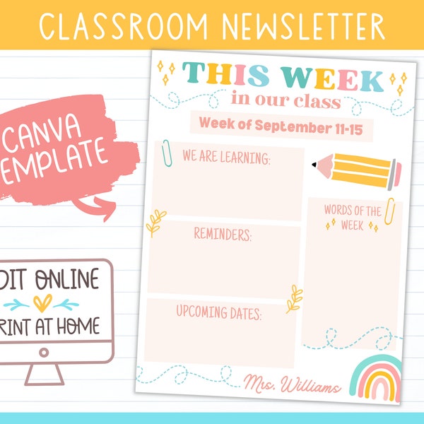 Classroom Newsletter Editable Template, Weekly or Monthly Teacher Note To Parents Canva Template, Edit Online and Print At Home