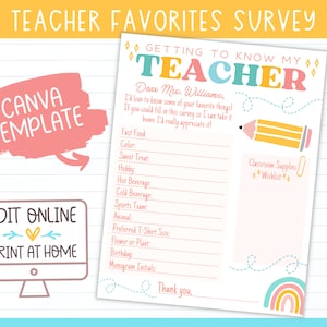 Favorites Teacher Survey - Editable Canva Template - Printable Back To School Questionnaire For Teacher Favorites - Get To Know My Teacher