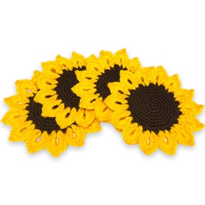 Juego de 4 posavasos de girasoles tejidos a crochet - Posavasos de hilo acrílico hechos a mano