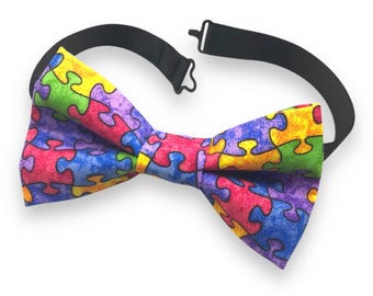AUTISM AWARENESS PUZZLE / Handmade Fabric Bow Tie w Adjustable Strap / Colorful Bow Tie Preppy Puzzle Bow Accessory / Preppy Puzzle Wedding