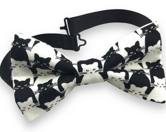 BLACK WHITE CATS / Handmade Fabric Bow Tie / Bowtie with Adjustable Strap / Pre Tied Bow / Ready to Ship / Kitties bow tie / Cat Lover Gift
