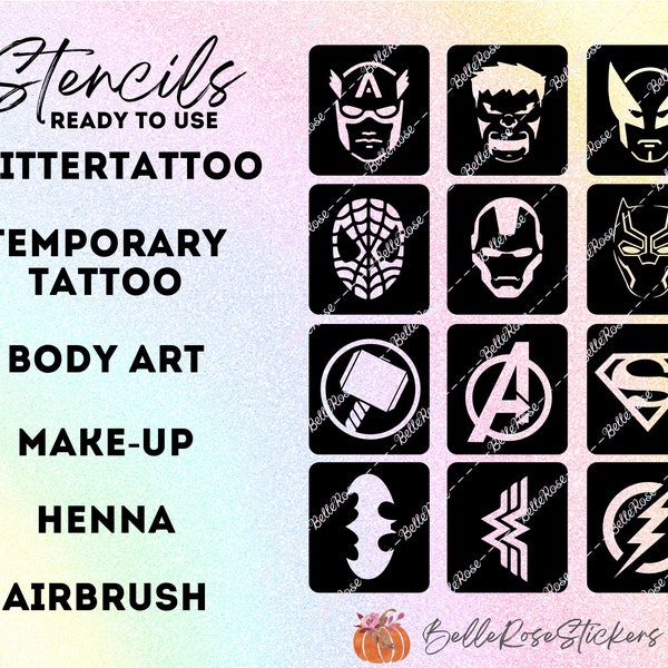 Pochoirs de tatouage a paillettes pochoir Super Heros Tatouage temporaire maquillage henna paillette