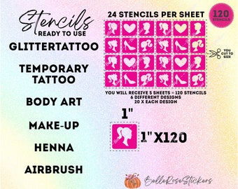 120 plantillas Glittertattoo Barbie película inspirada 1INCH Plantillas de tatuajes de brillo pequeño Plantilla de 1" SUPERDEAL BULK - listo para usar