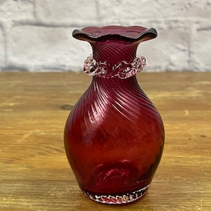 Hand Blown Cranberry Glass Vase: Twisted Design Collectible