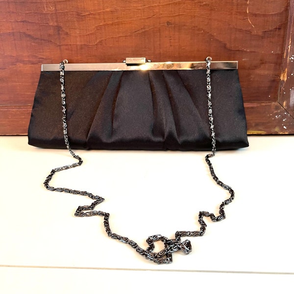 Vintage Jessica Mc Clintock black satin clutch long chain black evening  purse prom purse