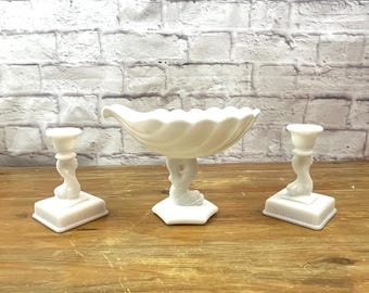 Vintage Westmoreland Dolphin Pedestal Bowl and Candlestick Pair Milk Glass Coastal Beach Decor