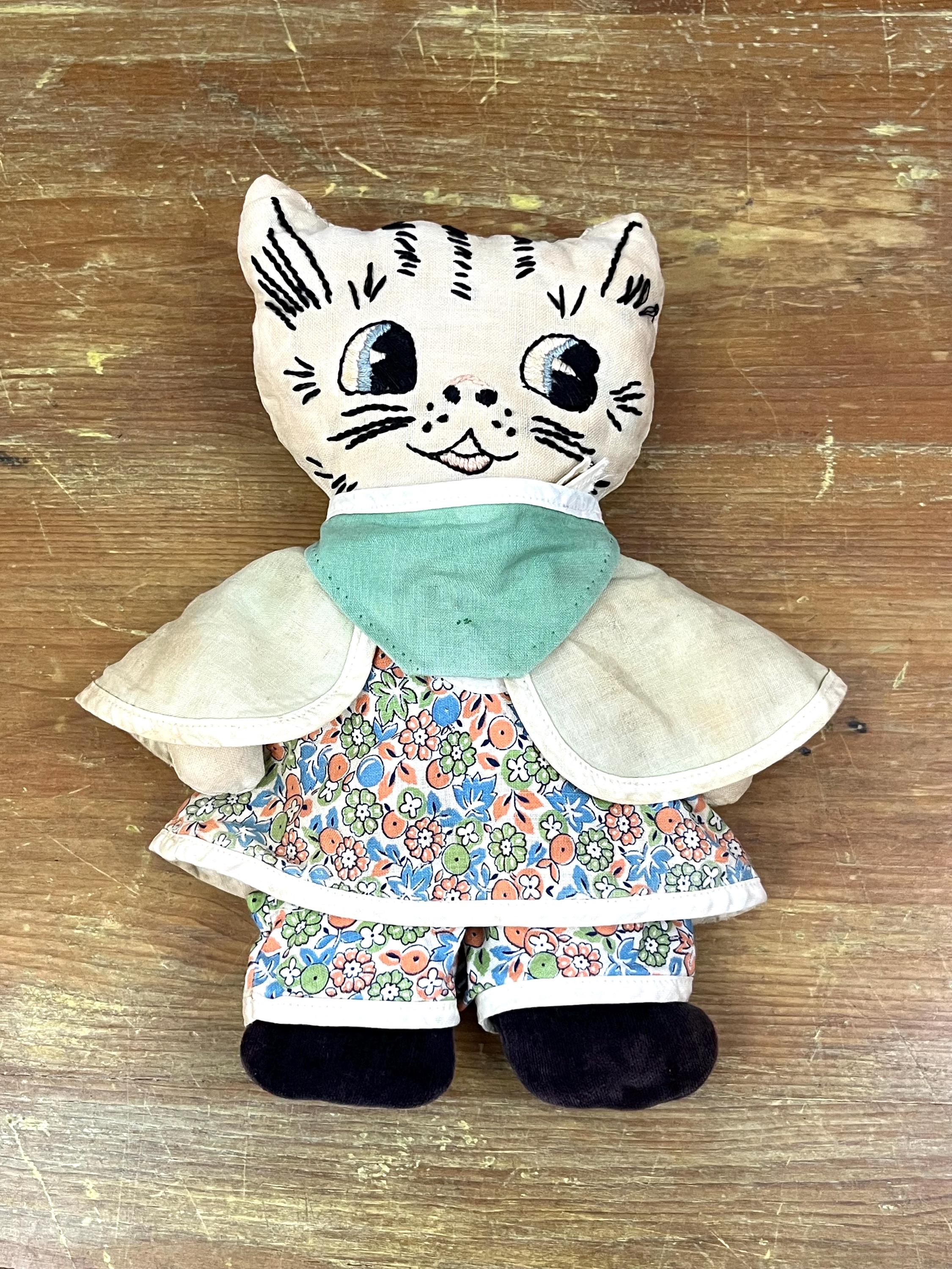 Mid Century Hand Sewn Embroidered Cat Dressed in Custom Made Jumper and Cape Sweet little pillow decor Nursery room Decor Collectible Doll