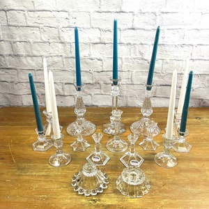 Vintage Assortment of Clear Glass  and Crystal Candlestick Holders Wedding Decor Christmas Centerpiece Decor Event Decor set of 16