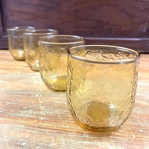 Vintage Amber Yellow Old Fashioned Drink Glasses &quot;Sherwood Sycamore&quot; Anchor Hocking Leaf Textured Juice Glasses 8 ozs  Set of 4