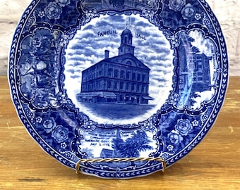 Antique "Historical Boston" Decorative Wall Plate Faneuil Hall Bunker Hill Old South Church  Historical Landmarks Blue & White Transferware