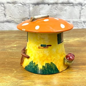 Récipient de rangement vintage pour champignons italiens en céramique, champignon vénéneux, couvercle orange à pois