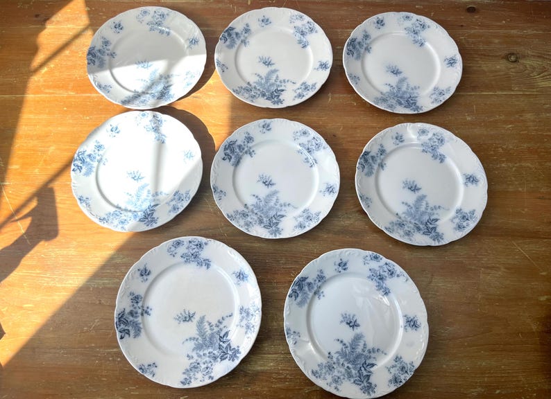 May include: Nine white ceramic plates with a blue floral design are arranged on a wooden surface. The plates have a scalloped edge and a delicate pattern of blue flowers and foliage. The plates are likely for dining.