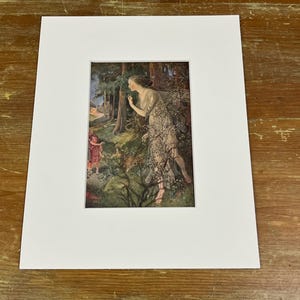 May include: A framed print featuring a detailed illustration of a woman in a forest setting. The woman is wearing a flowing gown and is surrounded by trees and foliage. The artwork has a vintage aesthetic with soft colors and intricate details.