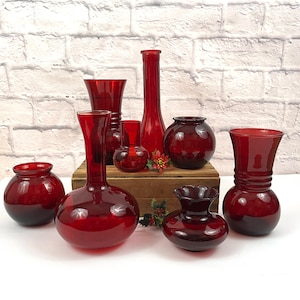 Vintage Collection of Red Glass Vases Christmas Decor Entertainment Decor Table Centerpiece July 4th Decor