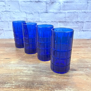 Vintage &quot;Tartan&quot; Tumblers Cobalt Blue Ice Tea Glasses Anchor Hocking Water Glasses Set of 4