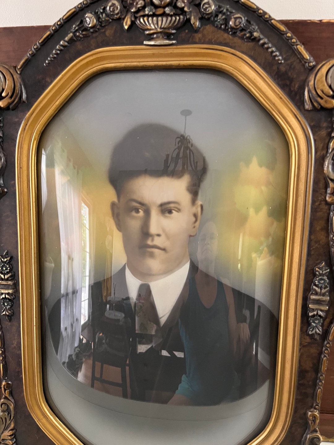 フォトフレーム Antique Painting Portrait Antique Bubble Glass Portrait Wood Gesso Convex Bubble Frame 1900s