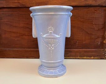 Vintage Pale Blue Pottery Vase Robinson Ransbottom Raised Tassel & Lantern Design