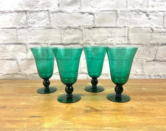 Vintage Emerald Green Ice Tea Glasses Bell Shaped Water Glasses Set of 4
