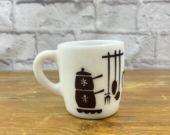 Mid Century "Dutch Treat" Brown & White Milk Glass Mug Hazel Atlas Kitchen Themed coffee mug