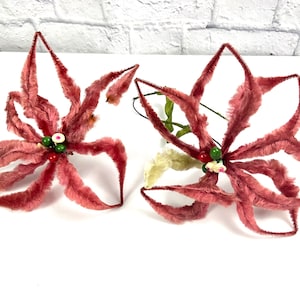Vintage Chenille Pipe Cleaner Poinsettia Flowers Wire Christmas Decorations Vintage Wreath Decor Vintage Christmas Decor Set of 2 imperfect
