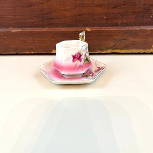 Vintage Pink Hand Painted  Nippon Japan Demitasse Hexagon shaped saucer