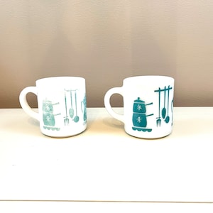 Blue Teal and White Milk Glass Mugs Mid Century Hazel Atlas Dutch Treat  Kitchen Themed  coffee mug sold separately