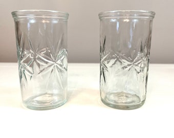Vintage Pair of Jelly Jars,  Diamond Pattern Glass Juice Glasses, Upcycled Votive Holders, Juice Glass Set, Star patterned Jam Jars