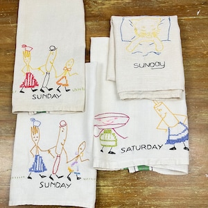Vintage 50s Day of the Week Tea Towel Hand Towel Kitchen Towel Hand Embroidered Tea Towel Sunday or Saturday