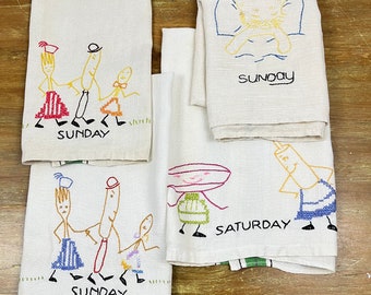 Vintage 50s Day of the Week Tea Towel Hand Towel Kitchen Towel Hand Embroidered Tea Towel Sunday or Saturday