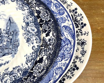 Vintage Mismatched Blue & White Transferware Plate Blue Onion pattern Coaching Scenes  Spode Rural Scenes Royal Art English Village
