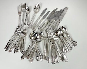 Vintage Mismatched Silverplate Place Settings 45 Pieces 8 Place Settings and 5 Serving pieces Sugar, Serving Spoon Fork Butter Knife sm fork