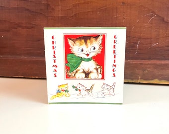 Tarjeta de felicitación de Navidad de gato vintage Tarjeta de Navidad de gatitos retozando