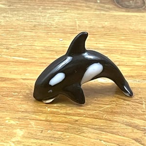 May include: A small, black and white orca figurine. The orca has a glossy finish with white patches on its body. The figurine is resting on a wooden surface.
