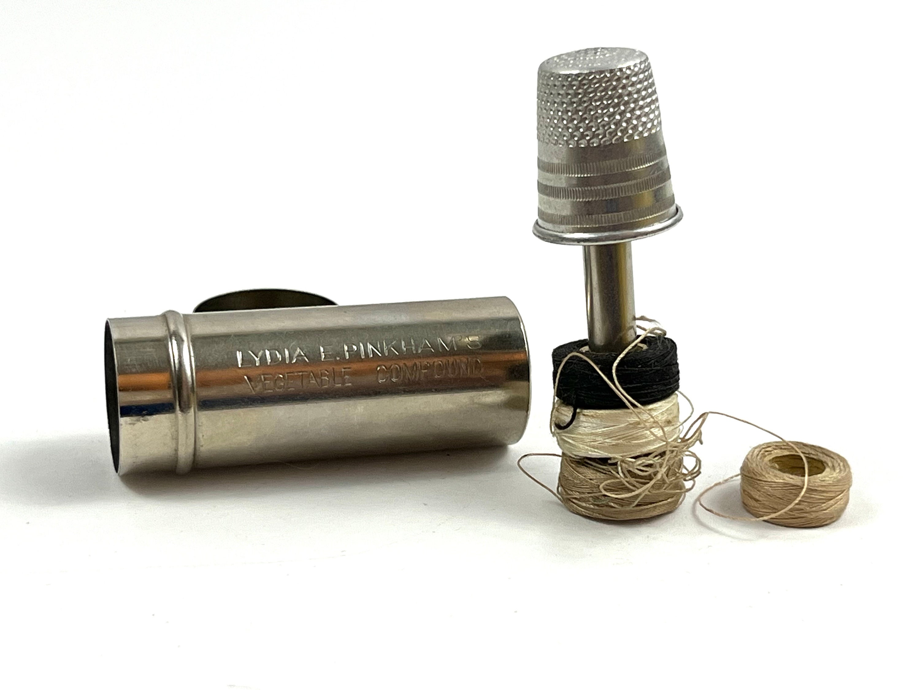 Antique Lydia E Pinkham Vegetable Compound metal thread case