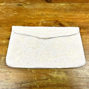 Vintage White and Creme Beaded Clutch Flower Design Sleek Wedding Evening bag