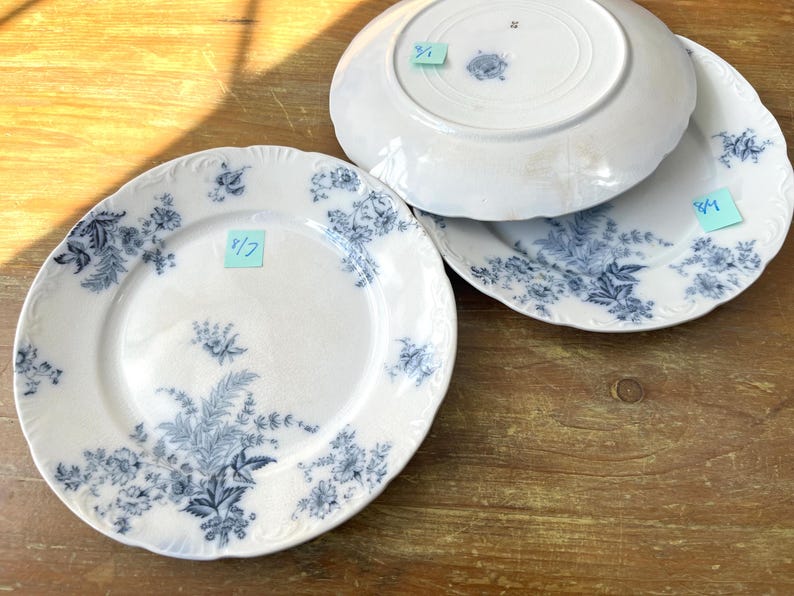 May include: Three white porcelain plates with blue floral patterns. One plate is face up, displaying the design, while the other two are stacked, showing the underside of one. The plates have a scalloped edge and are arranged on a wooden surface.