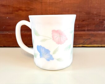 Vintage French Arcopal Floral Coffee mug SET OF 4  White pink blue flowers embossed wave glass texture