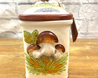 Vintage Italiaanse champignonpot "Delizie di Calabria" aardewerk keukenopslag