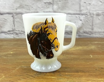 Vintage Milk Glass Horse Themed Mug Chocolate & Butterscotch Equestrian Gift