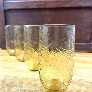 Vintage Amber Yellow Drink Glasses &quot;Sherwood Sycamore&quot; Anchor Hocking Leaf Textured Water Tumblers 16 ozs  Set of 4