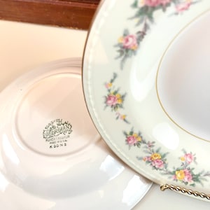 Vintage Homer Laughlin kommen Georgische eierschaal roze bloem crèmekleurige gouden gedetailleerde rand set van 8 jaren 1950