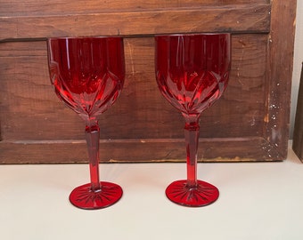 Vintage Red Brookside Waterford Crystal Wine Glasses Festive Red Christmas July 4th or Valentine's Day Wine Glasses Sold in Pairs