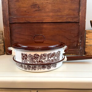 Vintage 70s Brown White Enamelware Lidded stockpot and sauté pan