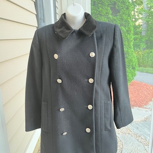 Vintage Classic Anne Klein Wool Black Peacoat Brass Buttons Velour collar  size 8 petite