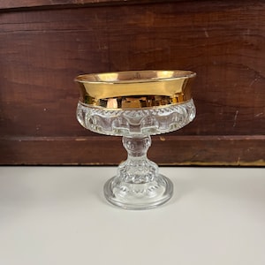Kings Crown Thumbprint Gold Trimmed Clear Pedestal Bowl Candy Dish Display Dish Holiday Home decor  Wedding Display Sold Singly