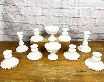 Vintage Milk Glass Candlestick Holders Sold in Pairs Mostly Fenton Hobnail Grapevine designs Wedding Decor White night decor Bridal Shower
