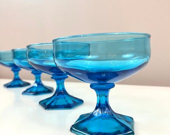 Vintage Anchor Hocking Blue Pedestal Dessert cups Parfait or Sherbert Cups Beach Themed Tableware