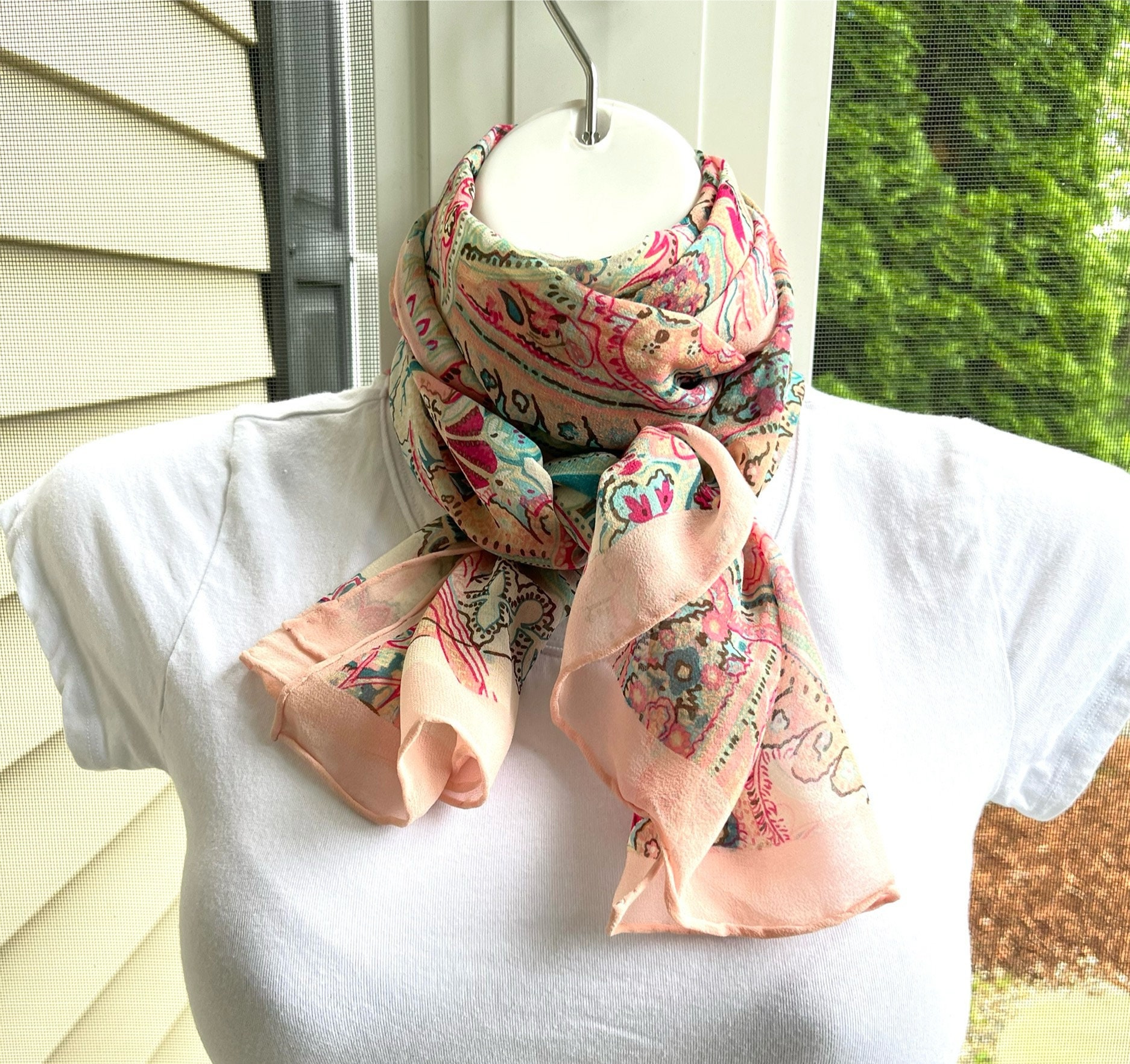 Tri Color Pastel Silky Neck Scarf Brigitte - Four Color-Way Pastel Pink, White, Blue & Brown  main image 3