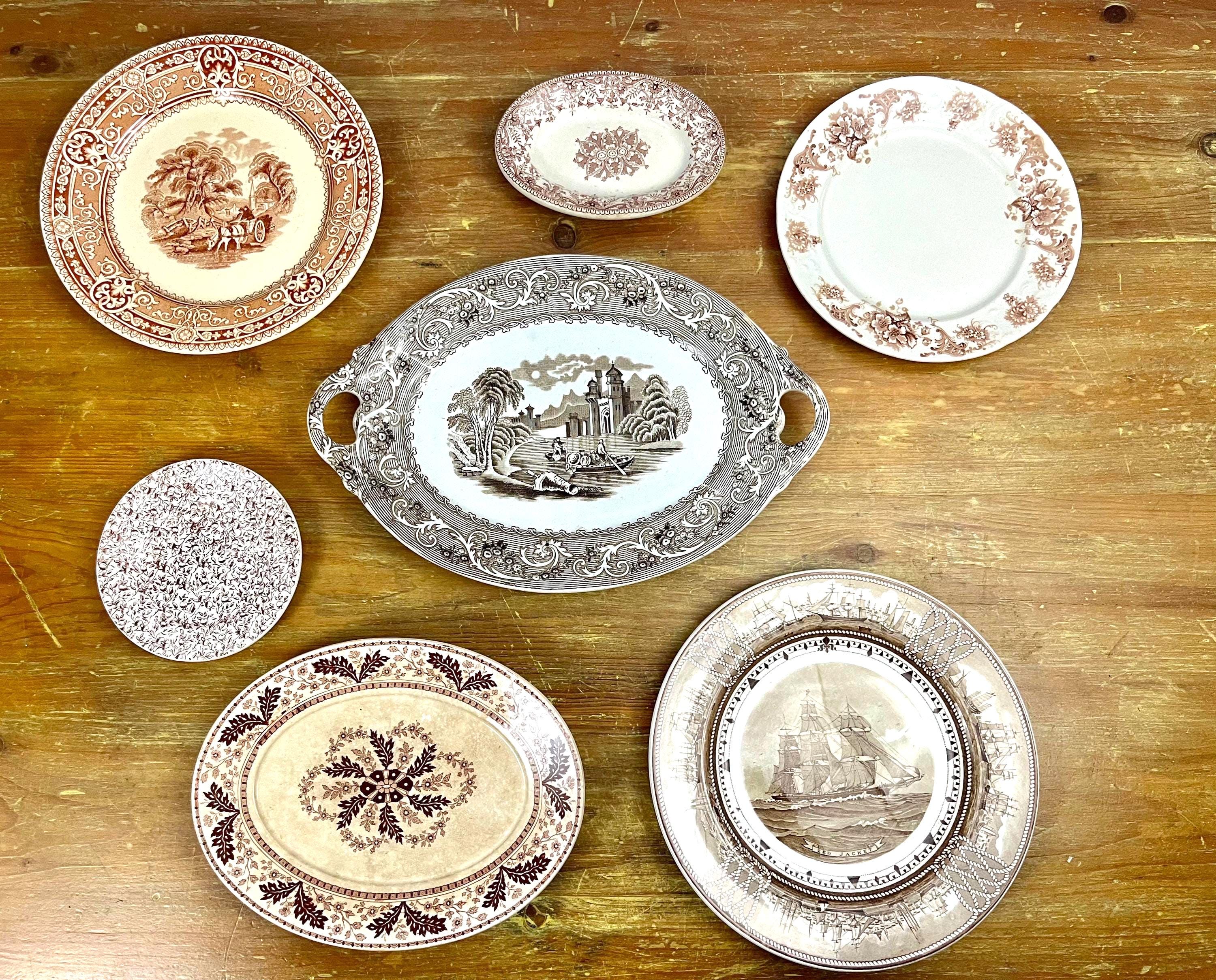 Antique Brown White Transferware Plates Bowls Thanksgiving