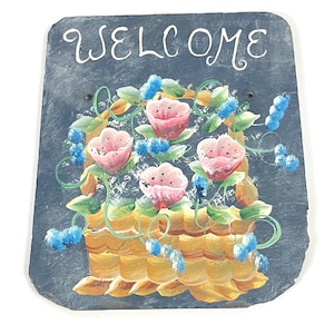 Vintage Antique Slate Hand Painted &quot;Welcome&quot; Sign Upcycled Historical Architecture Housewarming Gift